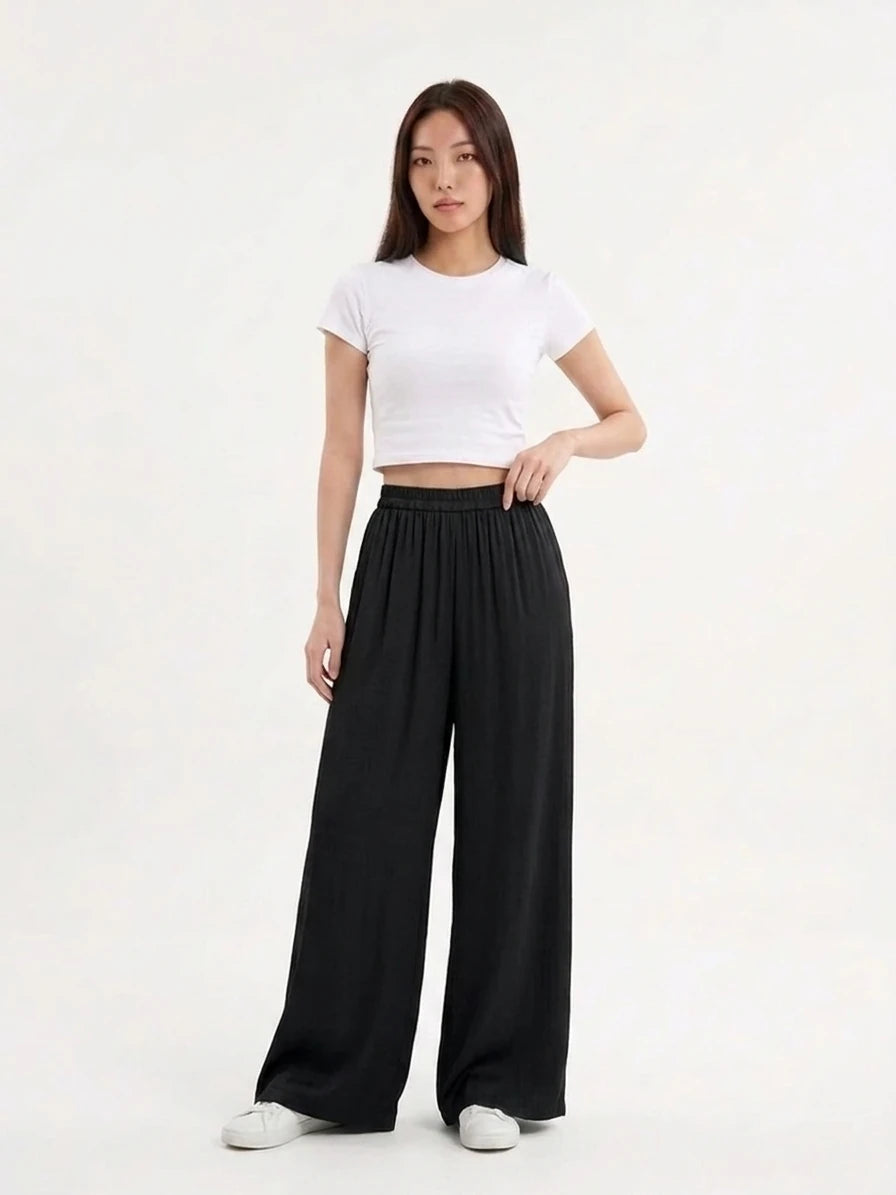 摺紋涼感長褲 黑 正面