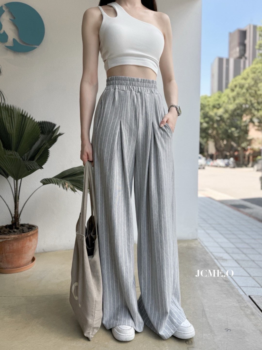 高腰直條紋鬆緊寬褲