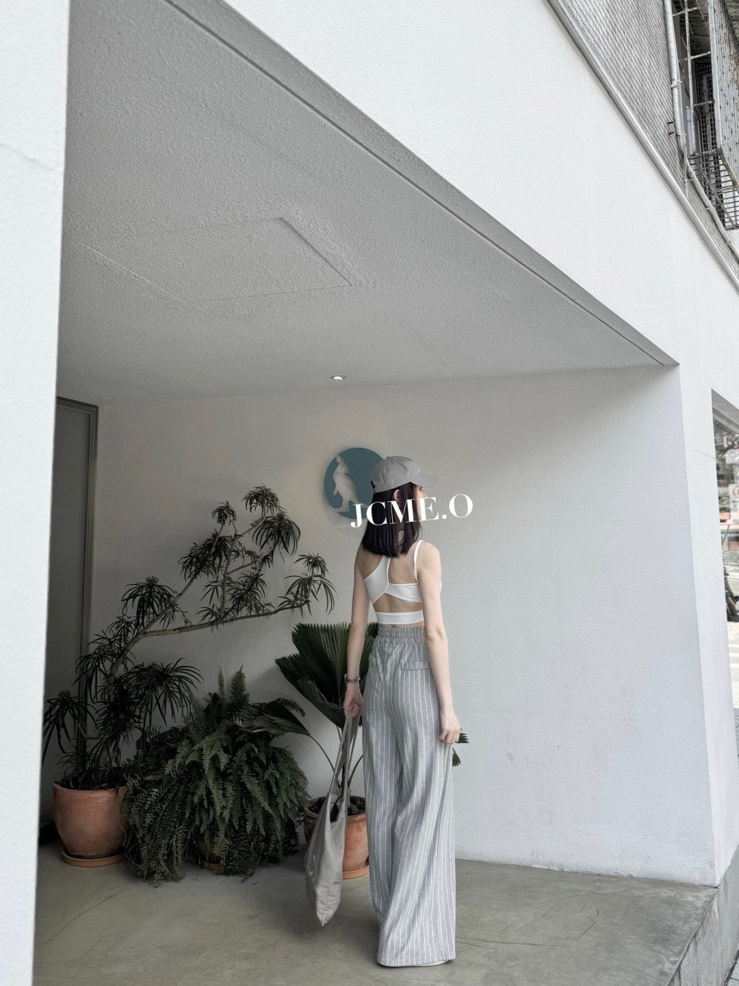 高腰直條紋鬆緊寬褲