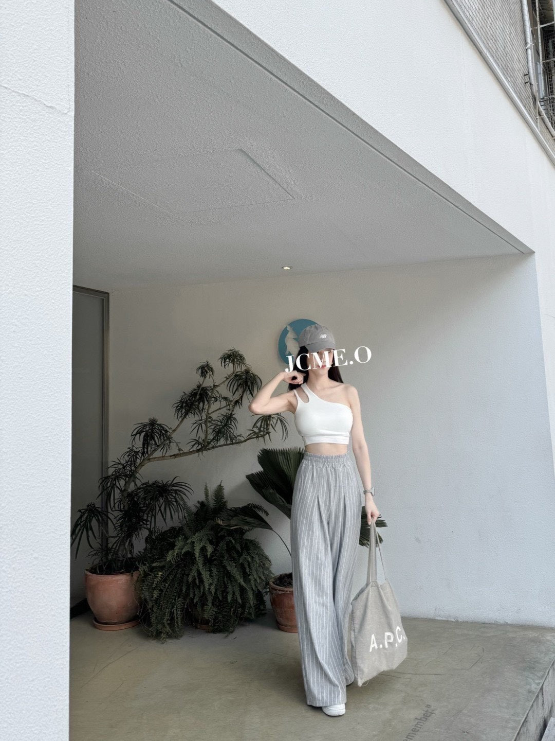 高腰直條紋鬆緊寬褲