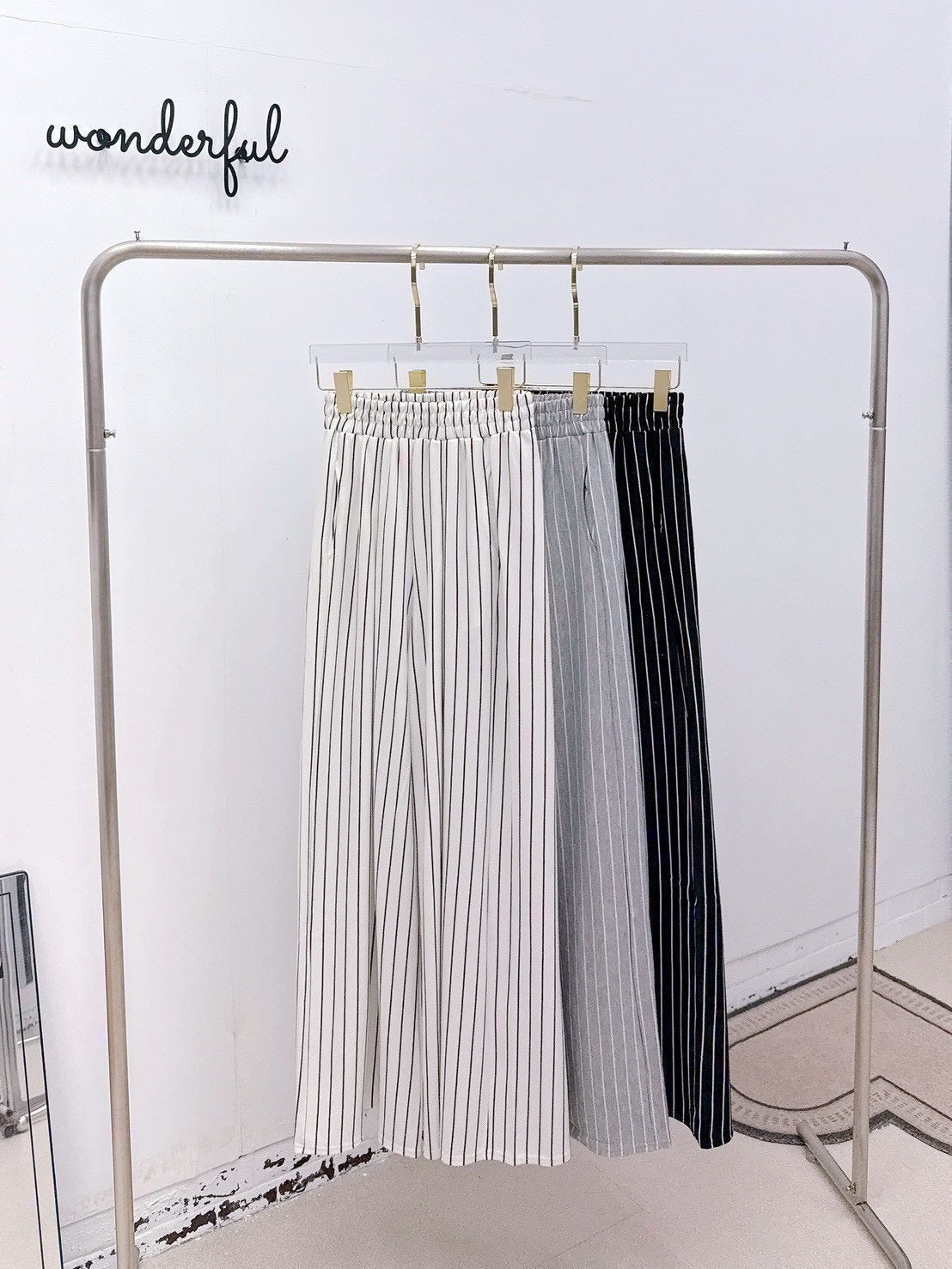 高腰直條紋鬆緊寬褲